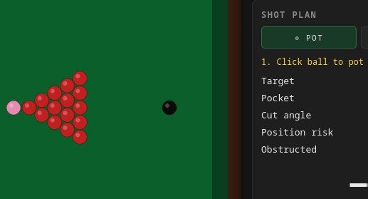 A close-crop screenshot of the Snooker Tactics app, showing some of the UI elements and the far end of the table