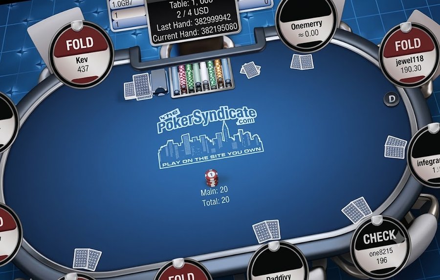 An AI-upscaled image of an online poker table that closely resembles the Poker Syndicate graphics. The original lo-rez video the source was taken from is in the linked Youtube video.