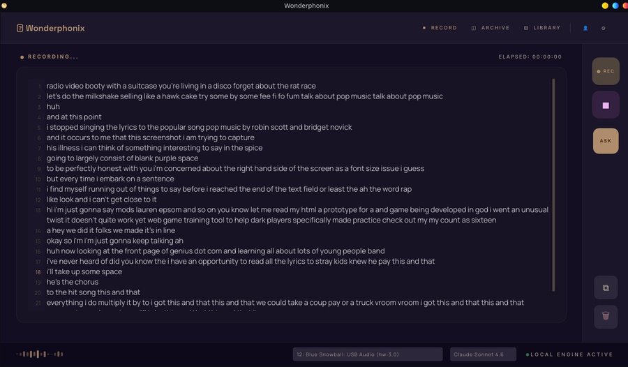 A screenshot of the Wonderphonix app. Showing some UI and text. It's very purple